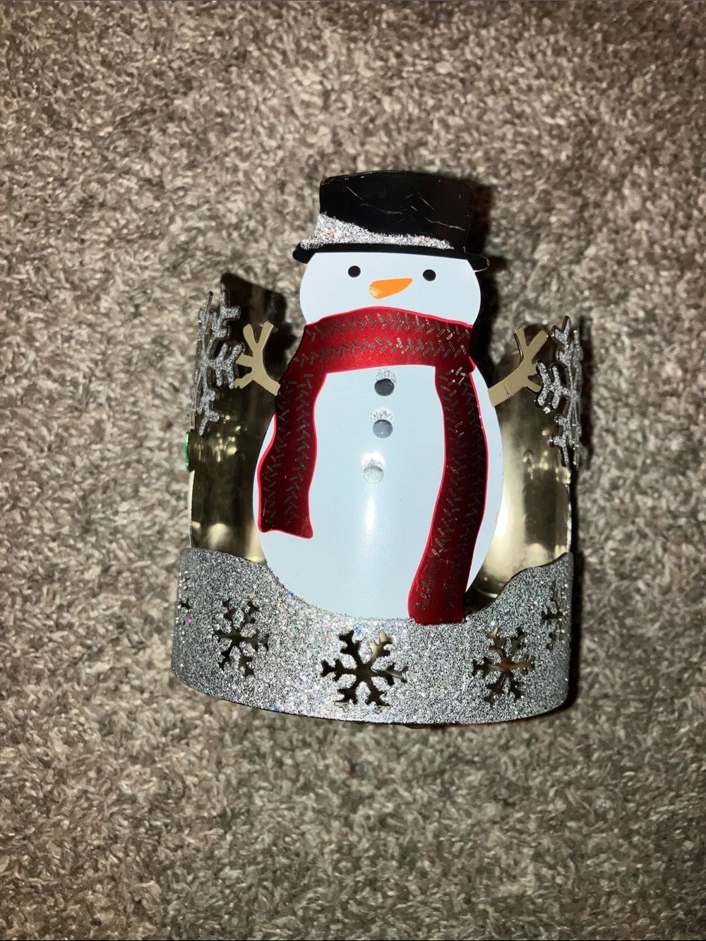 Bath & Body Works Silver Snowman Candle Holder Green Scarf For 3-Wick Candle